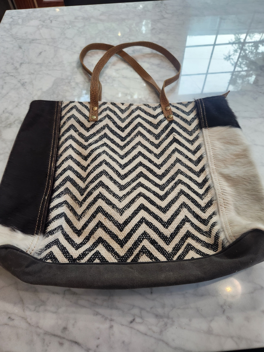 Myra Bag Black and White Chevron Tote with Brown Handles 16x16x10 handles